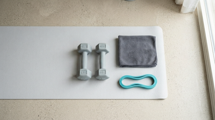 Basic home workout equipment including dumbbells and a resistance band.