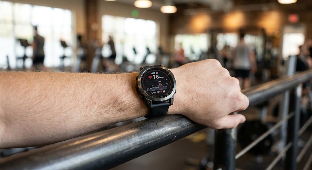 Fitness watch displaying a heart rate zone reading