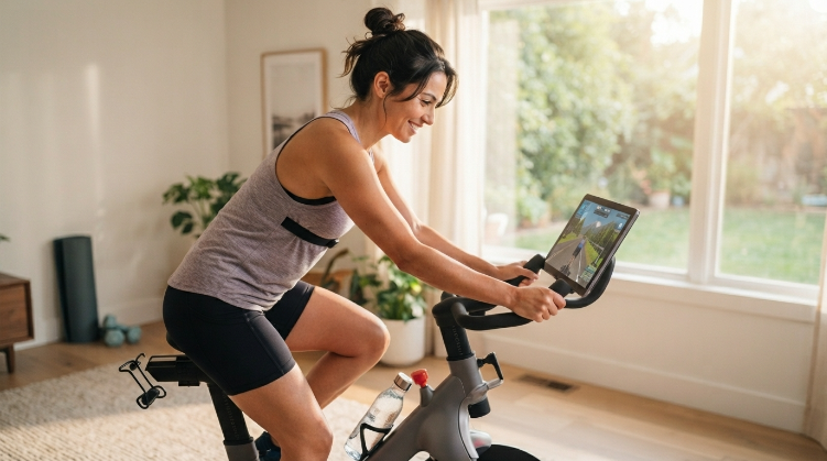 Woman cycling at a steady pace on a home stationary bike

