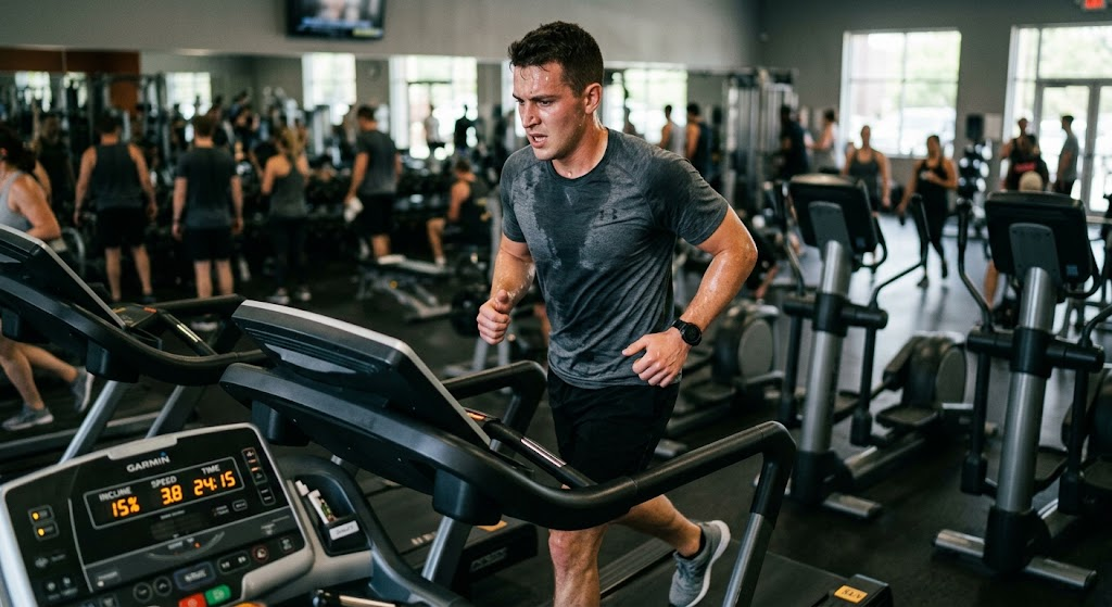 Person walking at an incline on a treadmill for cardio training