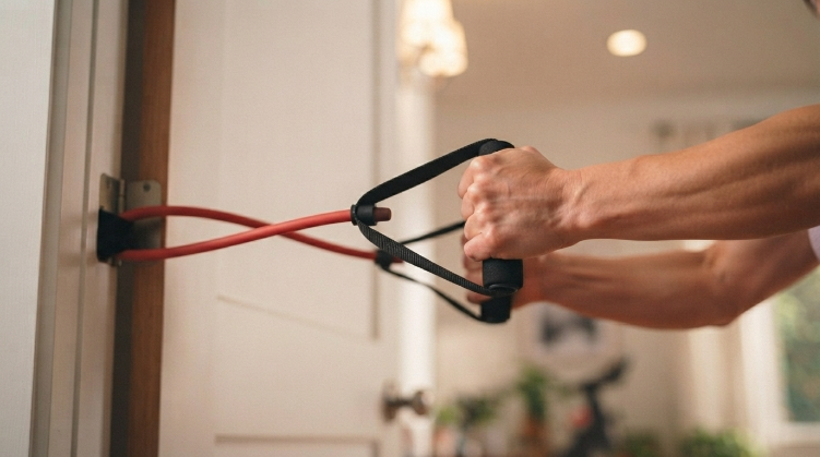 Close up of hands performing a resistance band row.