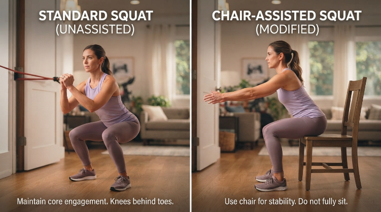 Comparison of a standard squat and a beginner chair assisted squat.