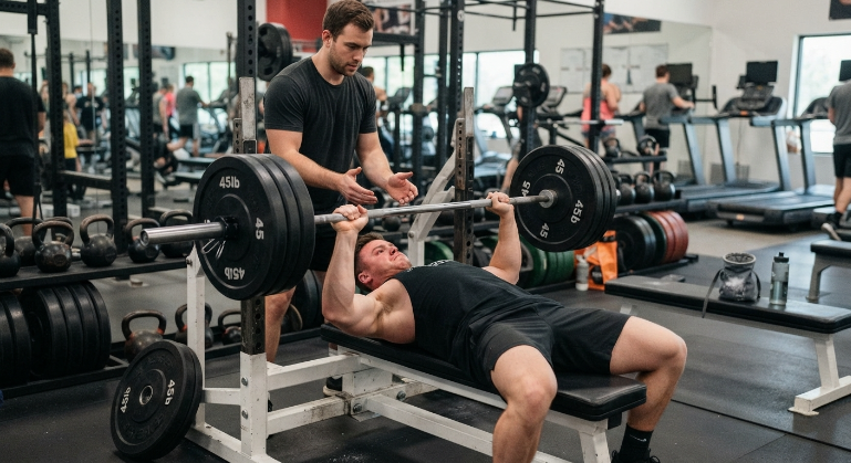 Lifter performing a bench press during a full body training session.